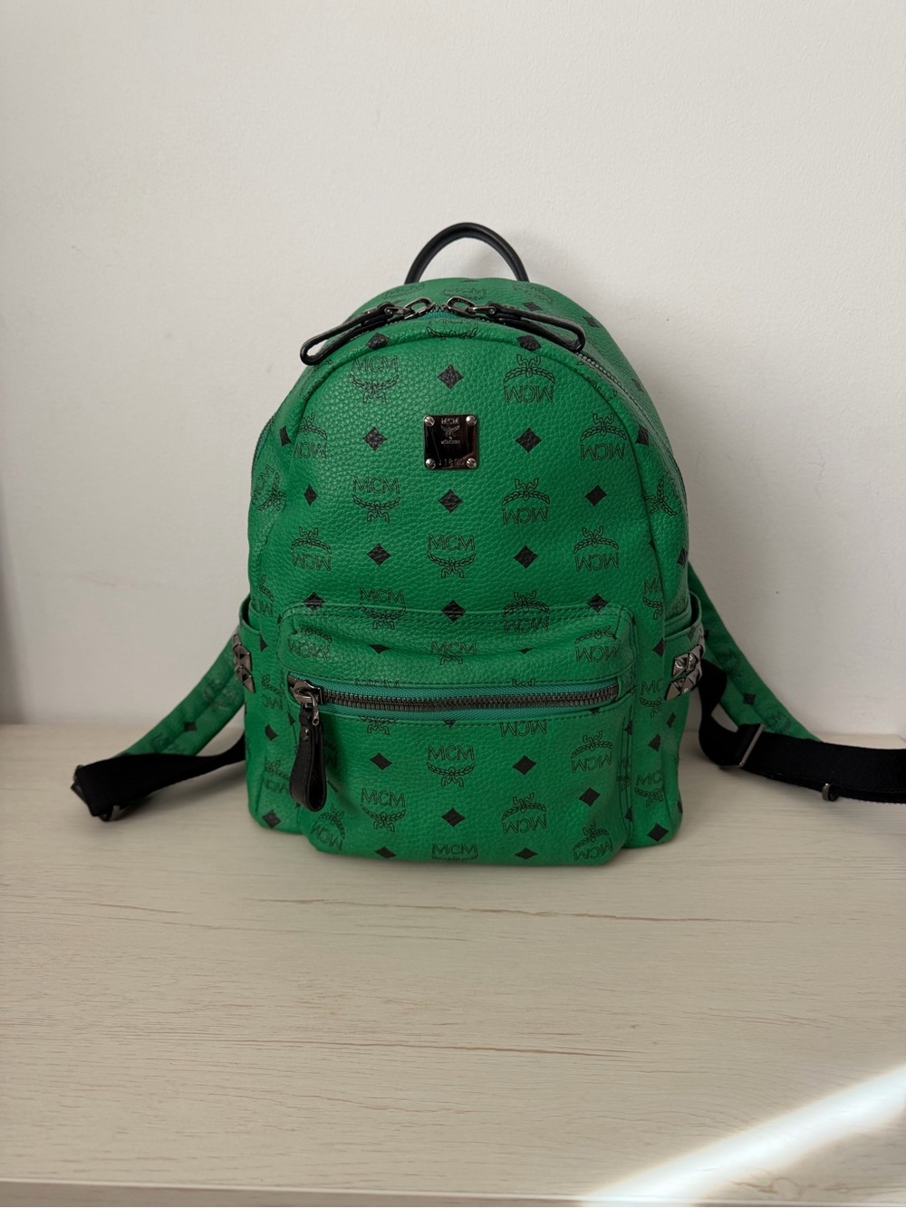 MCM Green Logo Print Mini Backpack